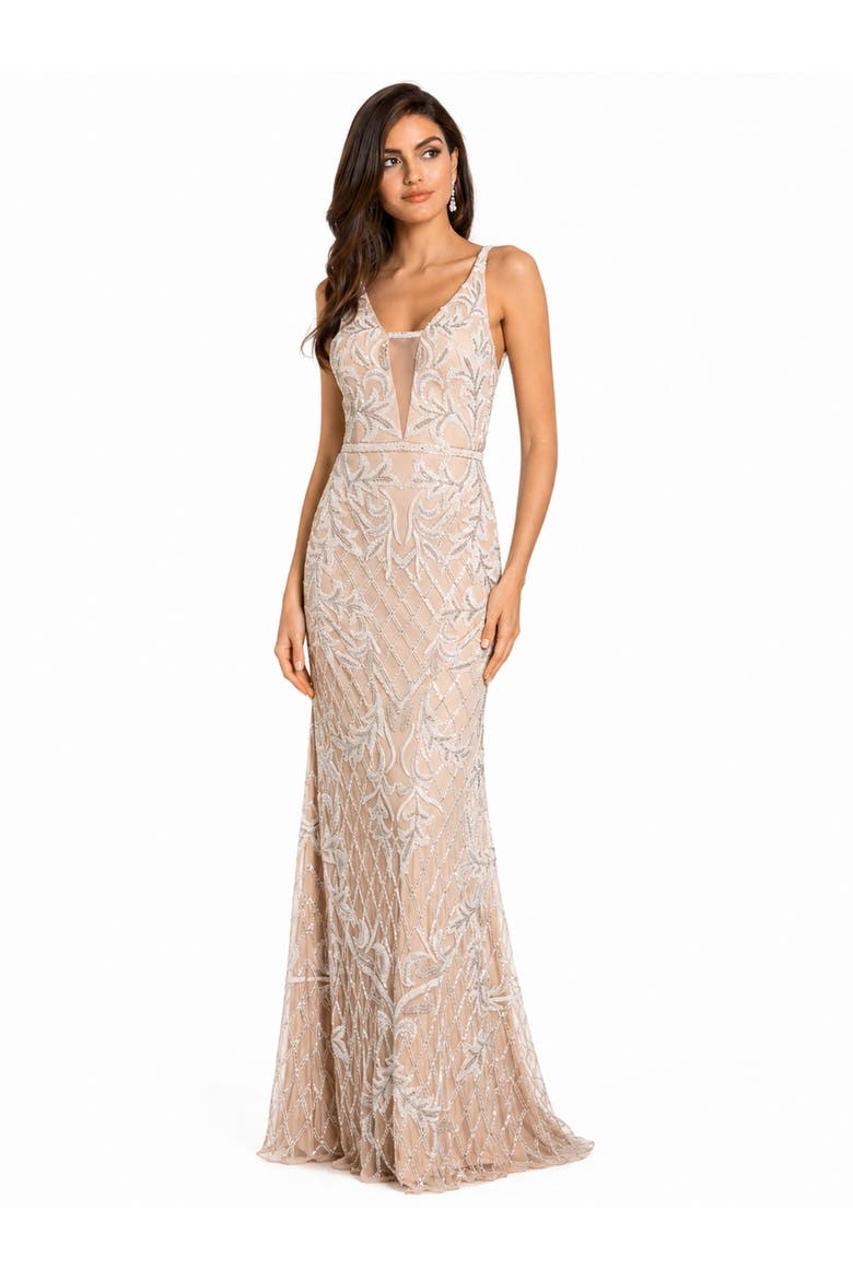 Beaded Faux-Wrap V-Neck Bridal Gown, Alternate, color, Nude/Ivory