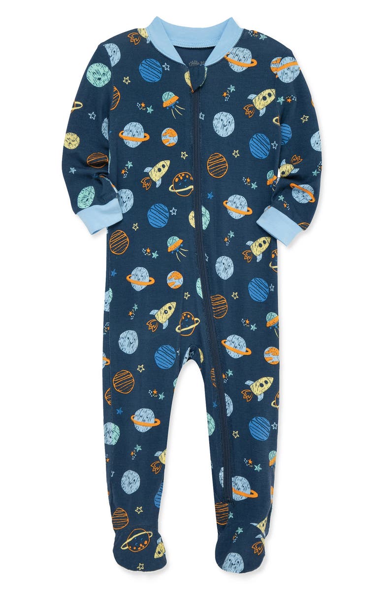 Little Me Space Print Stretch Viscose One-Piece Footed Pajamas, Alternate, color, Blue