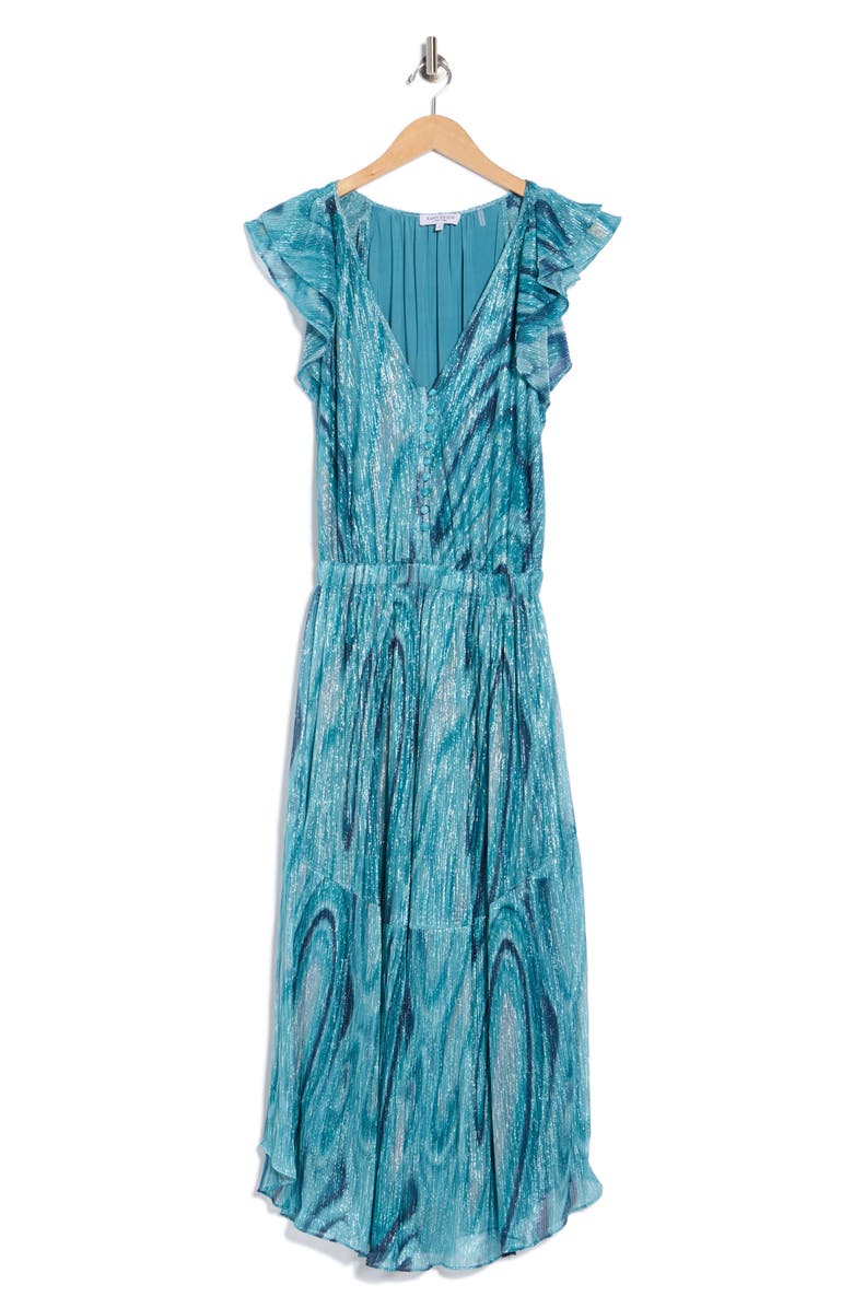 Ramy Brook Liona V-Neck Ruffle Sleeve Dress, Alternate, color, Teal Multi