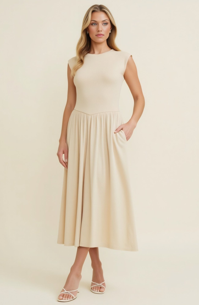 Modenaire Cap Sleeve Knit Bodice Dress with Flowy Midi Skirt and Side Pockets, Alternate, color, Beige