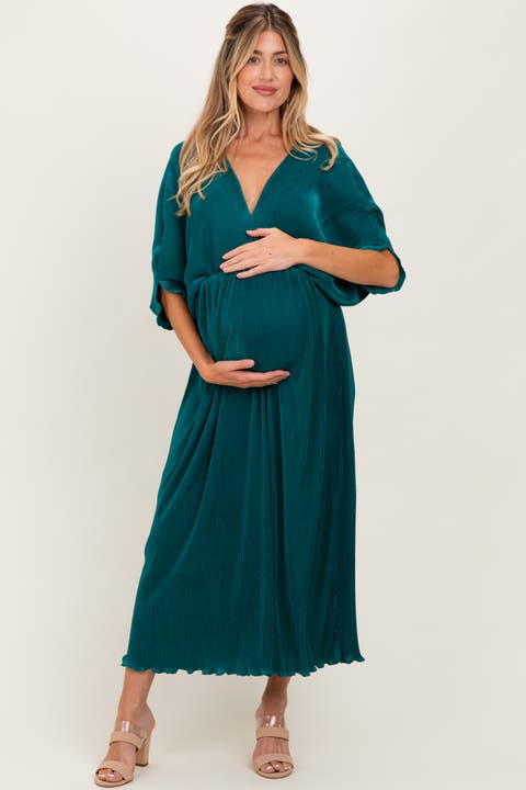 Pleated Satin Dolman Sleeve Maxi Dress
