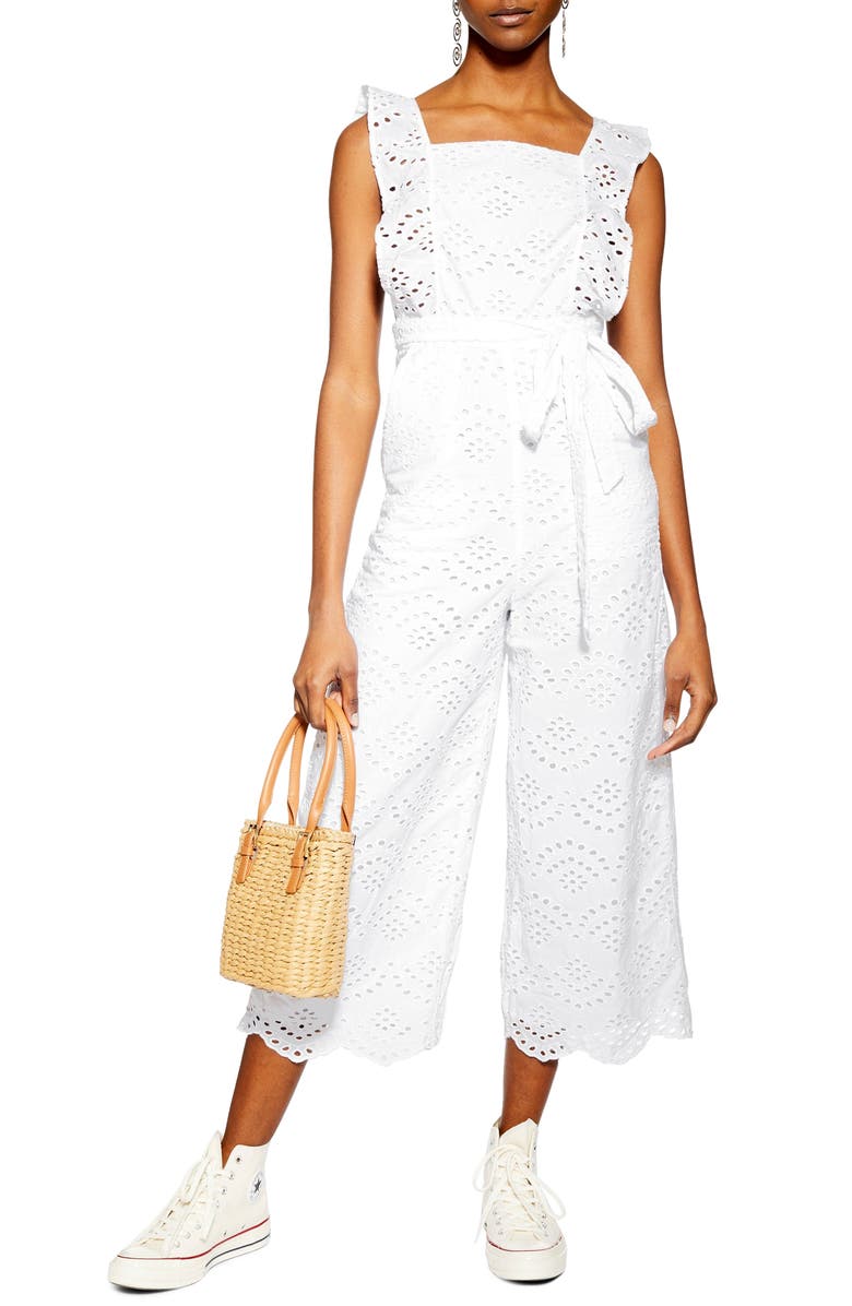 Topshop Embroidered Ruffle Jumpsuit, Alternate, color, 
