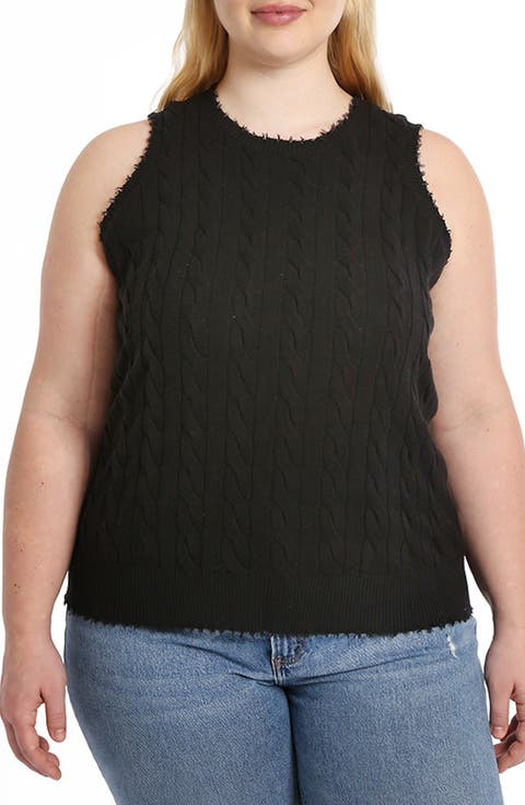 Frayed Cable Knit Cotton Sweater Tank (Plus)