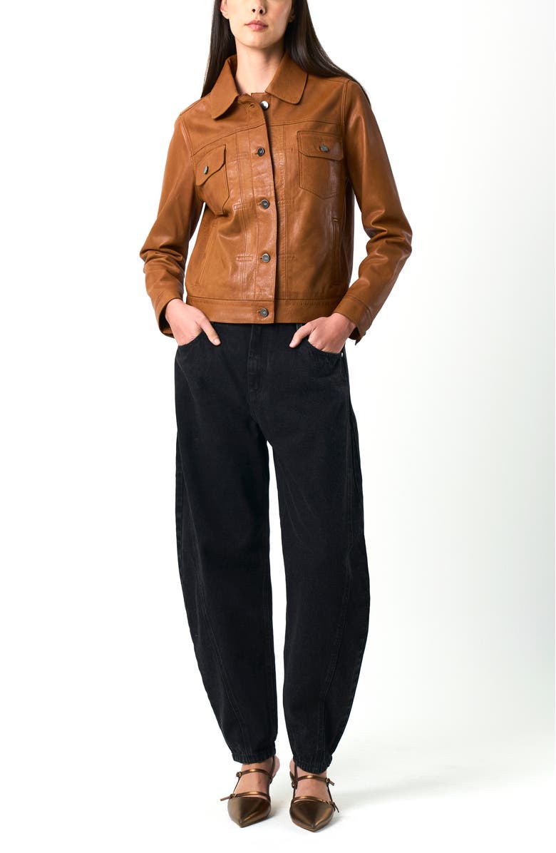 Velez Kalahari Genuine Leather Semi-Fitted Silhouette Trucker Jacket, Alternate, color, Honey