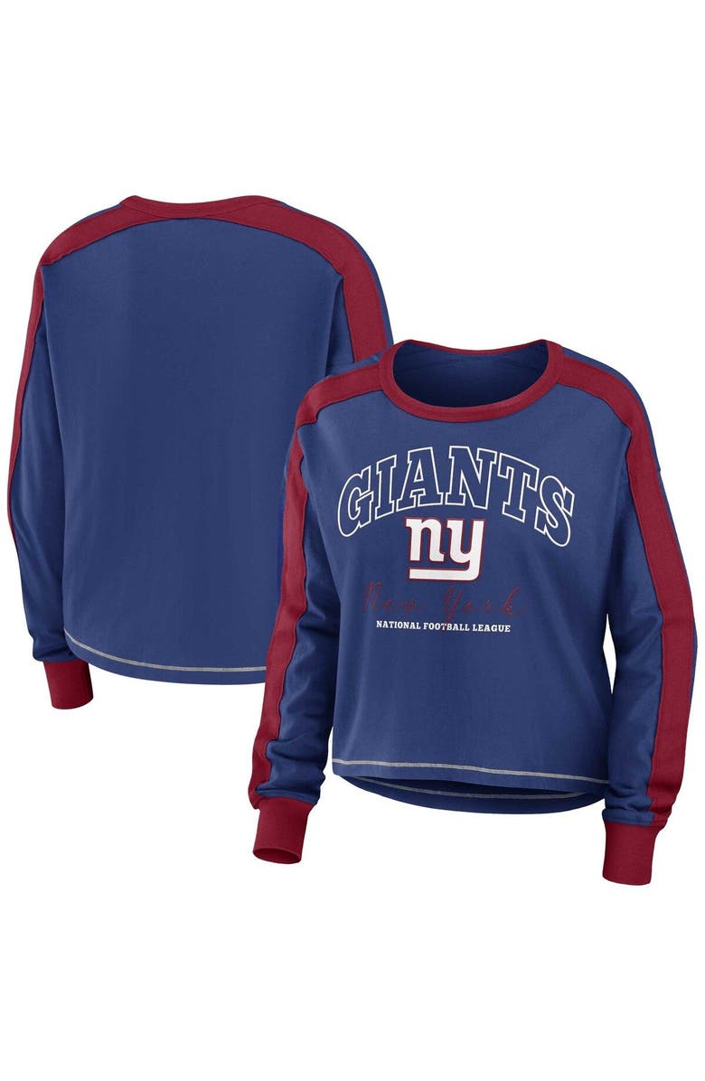 WEAR by Erin Andrews Women's WEAR by Erin Andrews Royal/Red New York Giants Color Block Modest Crop Long Sleeve T-Shirt, Main, color, 