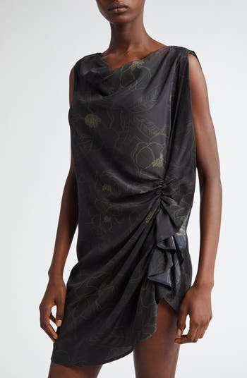 Dries Van Noten Floral Asymmetric Ruched Cascade Ruffle Sleeveless 