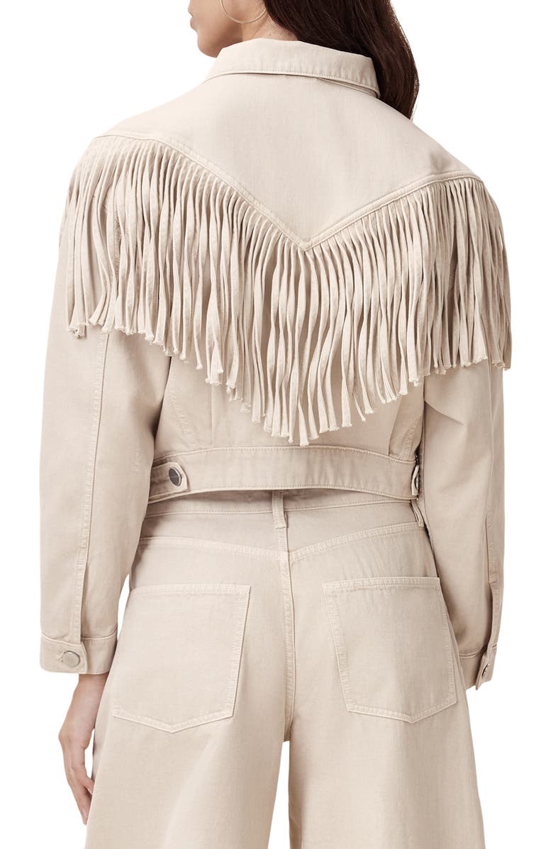 AllSaints Marlene Fringe Trim Denim Jacket, Alternate, color,