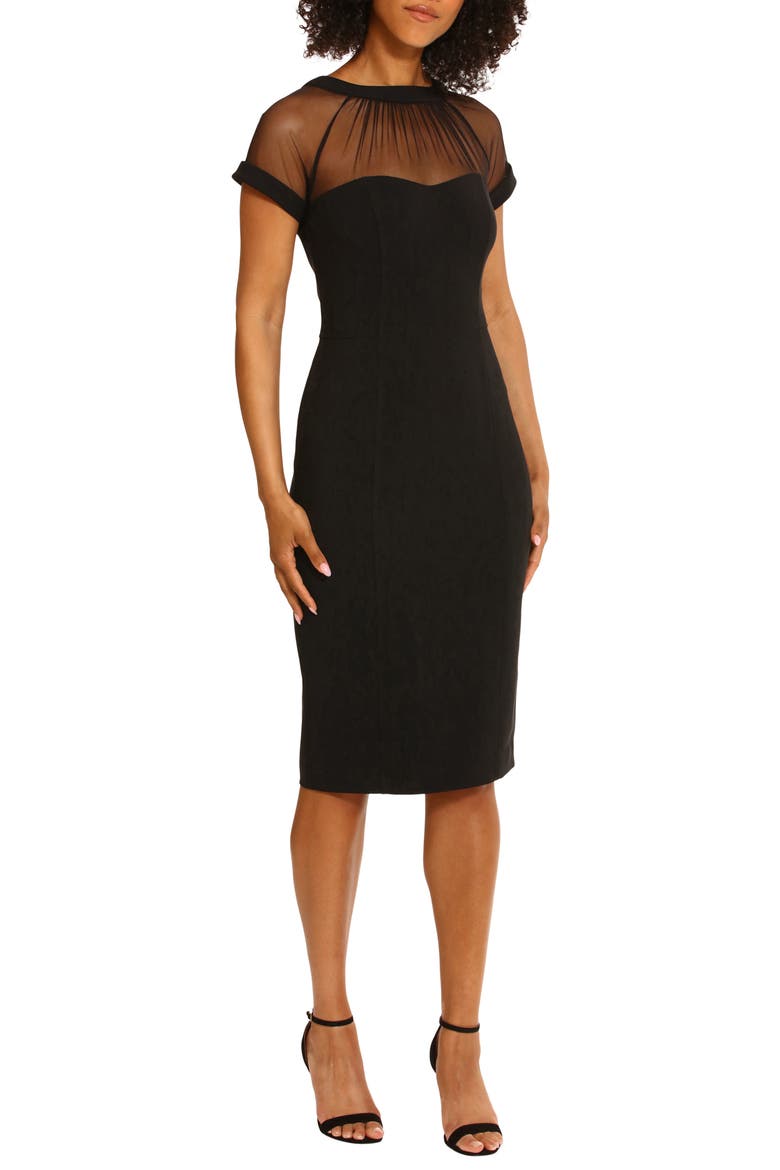 Illusion Short Sleeve Midi Sheath Dress, Alternate, color, BLACK