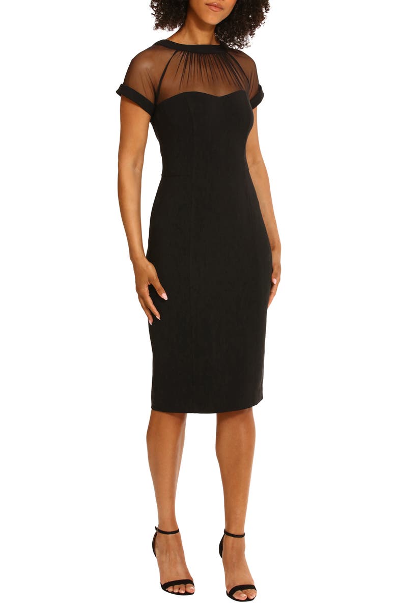Maggy London Illusion Short Sleeve Midi Sheath Dress, Alternate, color, Black