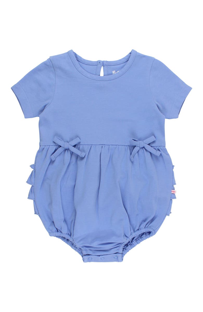 RuffleButts Knit Short Sleeve Bow Bubble Romper, Main, color, Periwinkle Blue