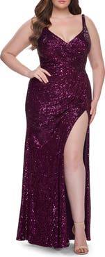 La Femme Sequin Plus Size Dress with Ruching and Slit