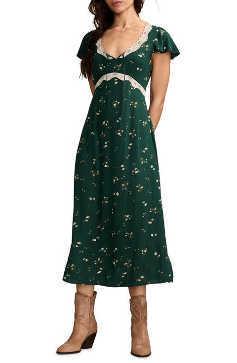 Lace Trim Flutter Sleeve Midi Dress