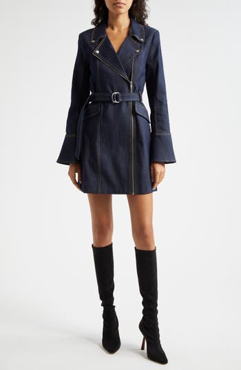 Cinq À Sept Evie Moto Long Sleeve Denim Minidress In Indigo