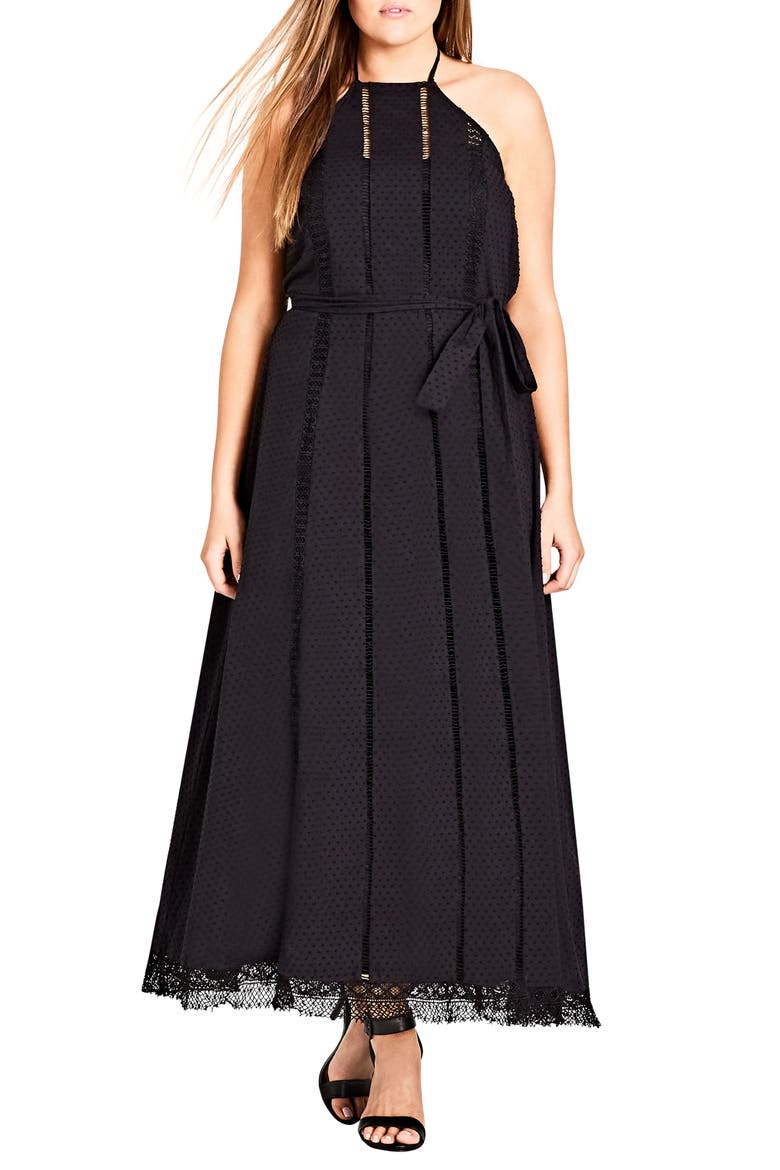 Lace Trim Swiss Dot Halter Maxi Dress, Main, color, BLACK