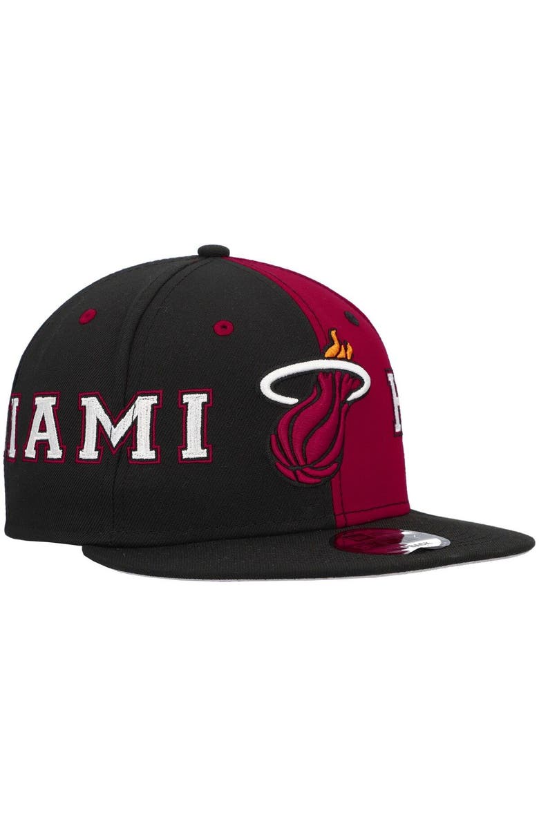 New Era Men's New Era Black/Red Miami Heat Team Split 9FIFTY Snapback Hat, Alternate, color, 