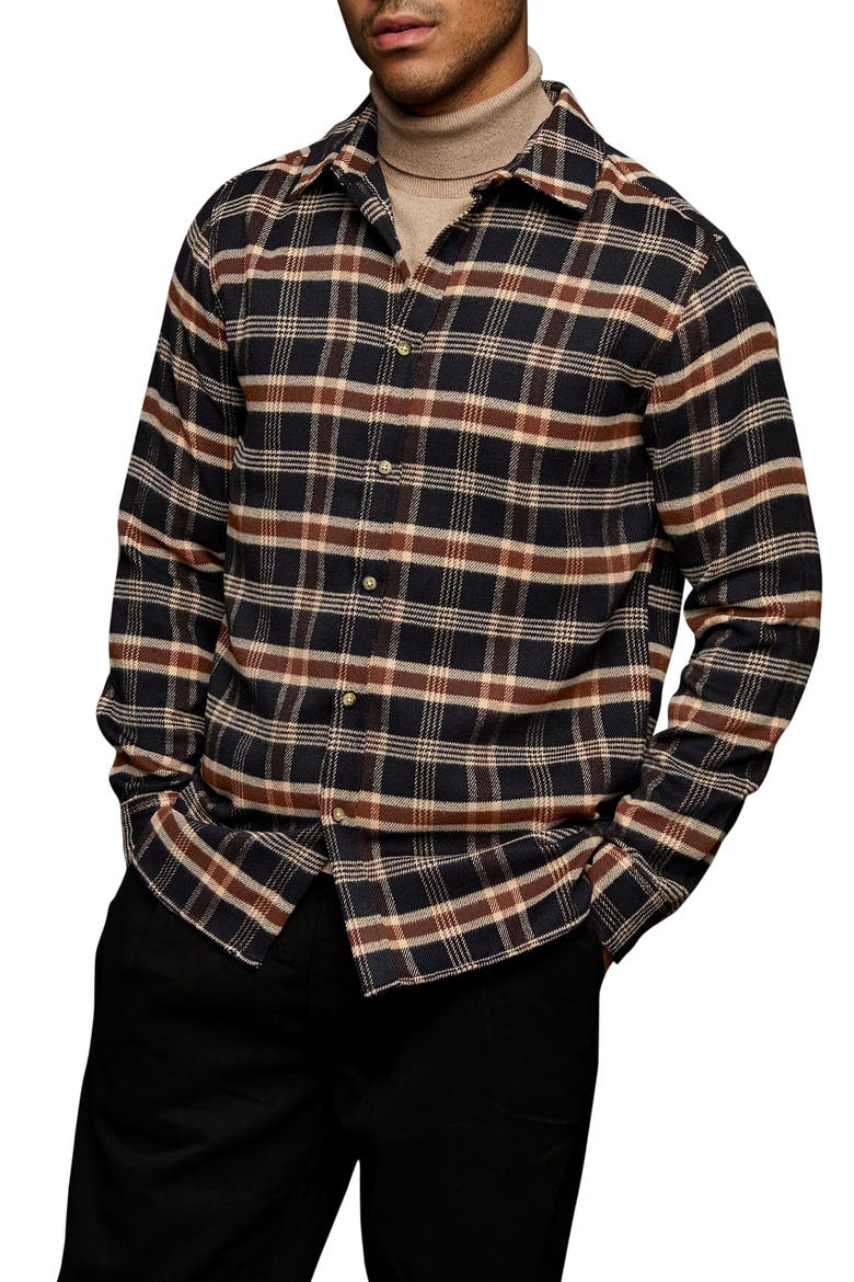 Slim Fit Plaid Brushed Flannel Button-Up Shirt, Main, color, NAVY BLUE