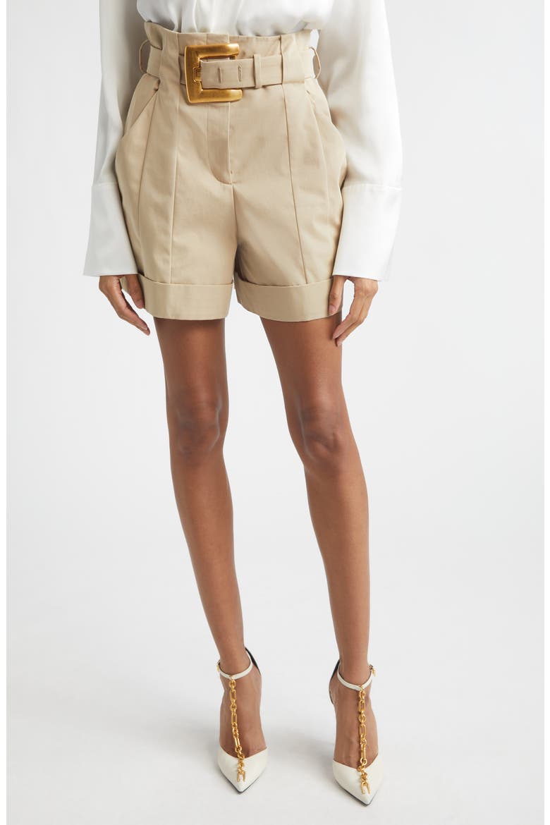 High Waist Belted Cotton Gabardine Shorts, Main, color, 0AN SAND