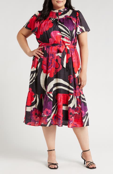 Adele Floral Print Long Sleeve Midi Dress (Plus)