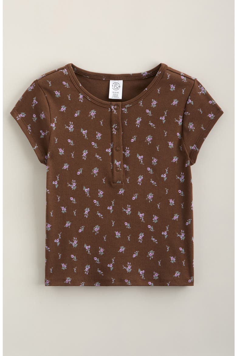 Kids' Snap Henley T-Shirt, Main, color, BROWN- PURPLE BECKY DITSY