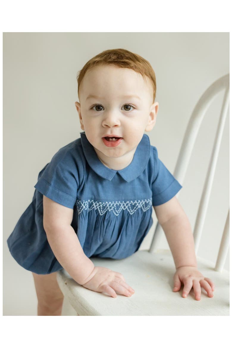 Oliver Linen Smocked Bubble Romper, Alternate, color, Blue