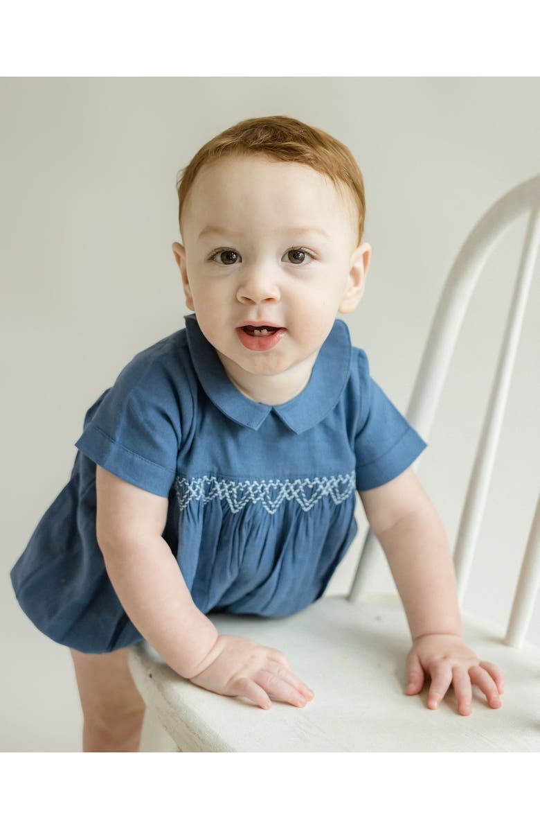 Cuclie Oliver Linen Smocked Bubble Romper, Alternate, color, Blue
