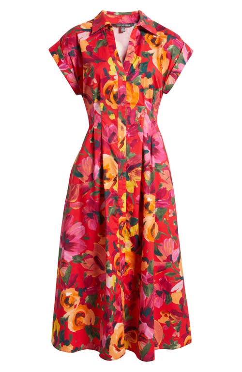 Julia Jordan Floral Stretch Cotton Midi Shirtdress In Red Multi