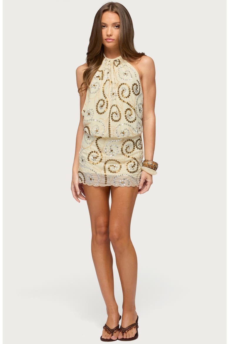 Areli Beaded Sequin Halter Minidress, Alternate, color, BEIGE