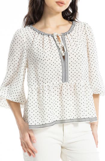 Max Studio Polka Dot Tie Neck Top In Ecru/black Hand Drawn Dot