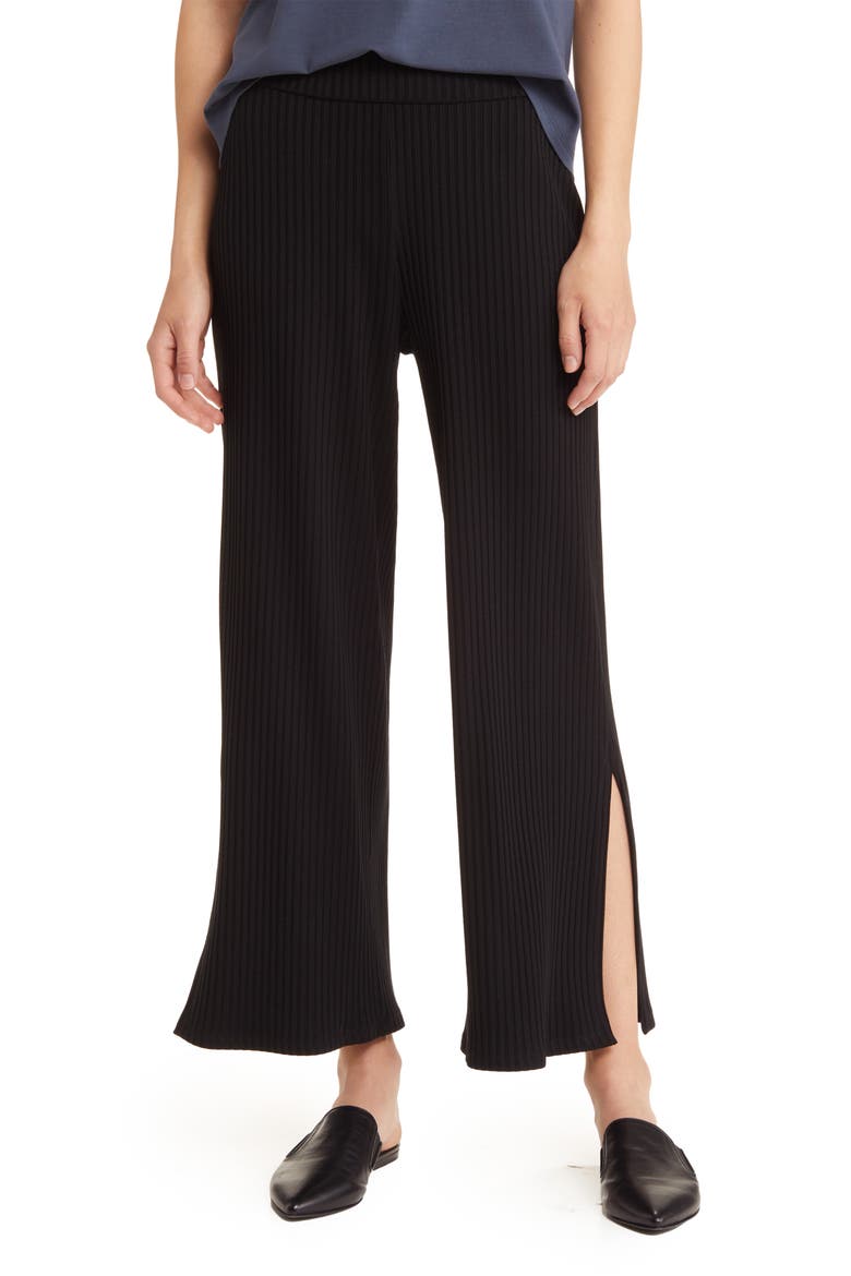 Ribbed Side Slit Wide Leg Pants, Main, color, BLACK