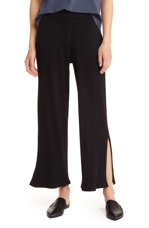 Ribbed Side Slit Wide Leg Pants