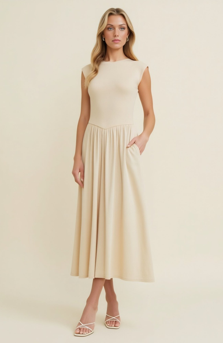 Modenaire Cap Sleeve Knit Bodice Dress with Flowy Midi Skirt and Side Pockets, Alternate, color, Beige