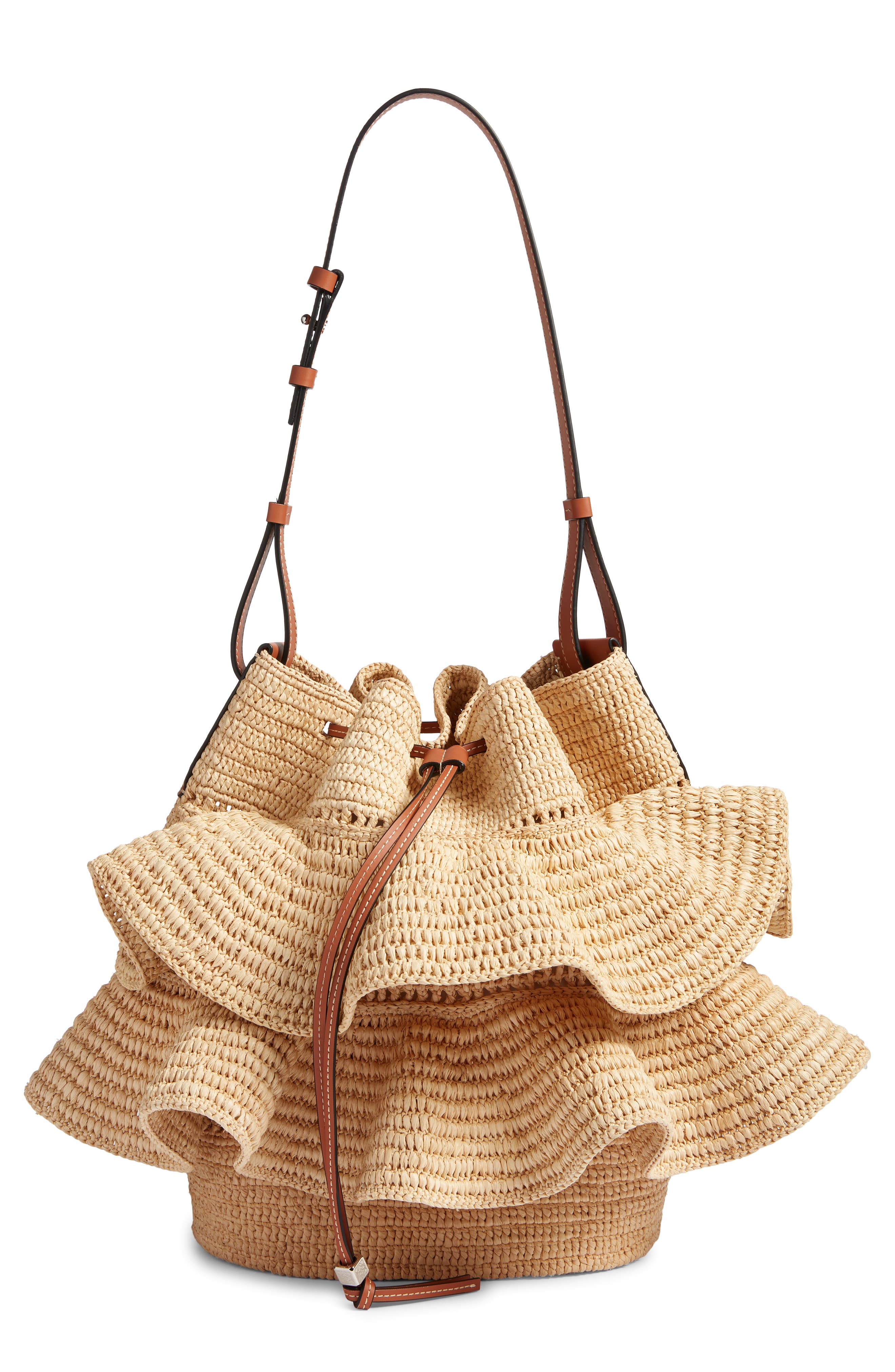 Loewe x Paula's Ibiza Balloon Ruffle Raffia Bucket Bag, Main, color, 