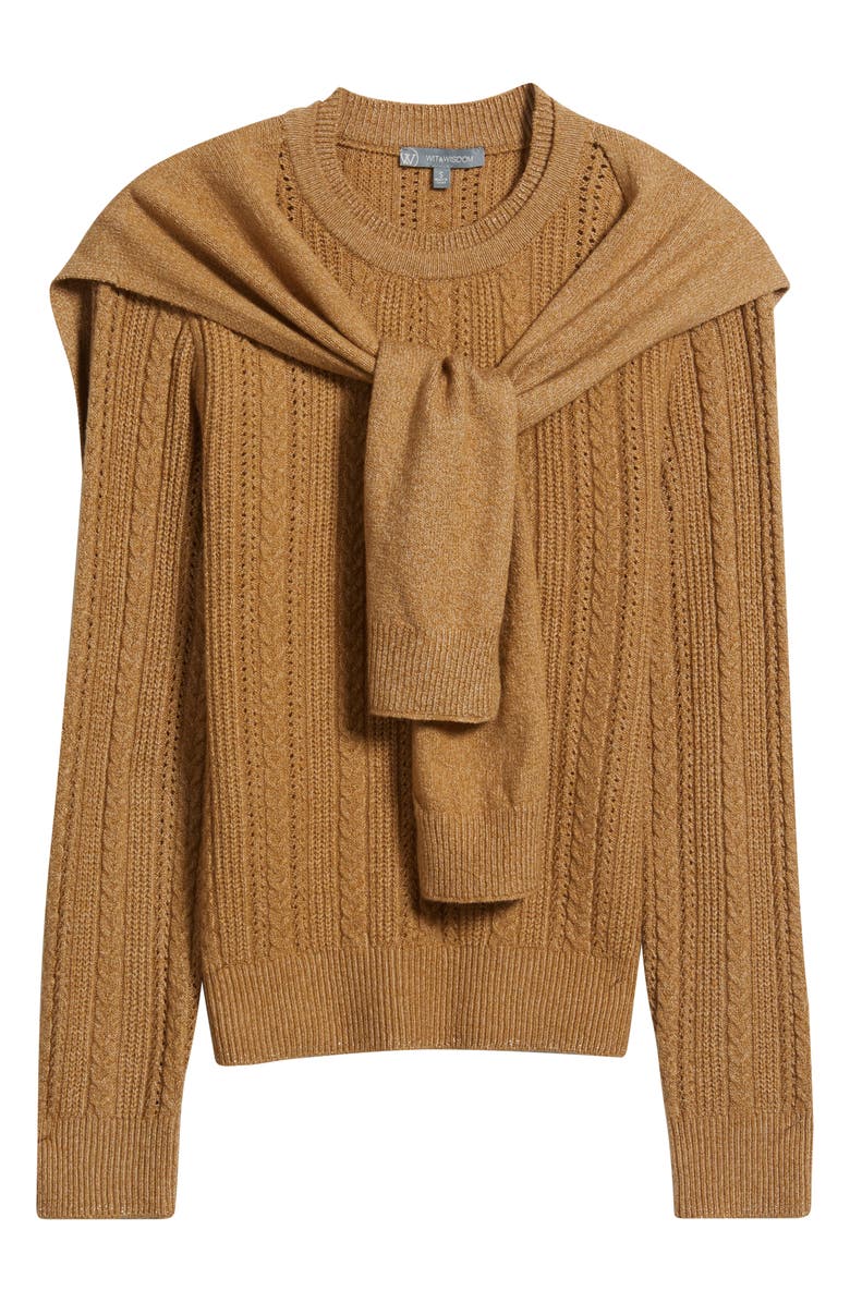 Wit & Wisdom Cable Stitch Twofer Tie Sleeve Sweater, Alternate, color, Caramel Latte