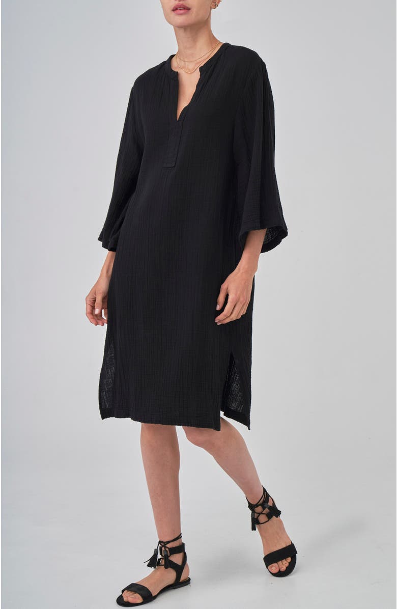 ocean+main Short Gauze Tunic Dress With Pockets, Main, color, Black