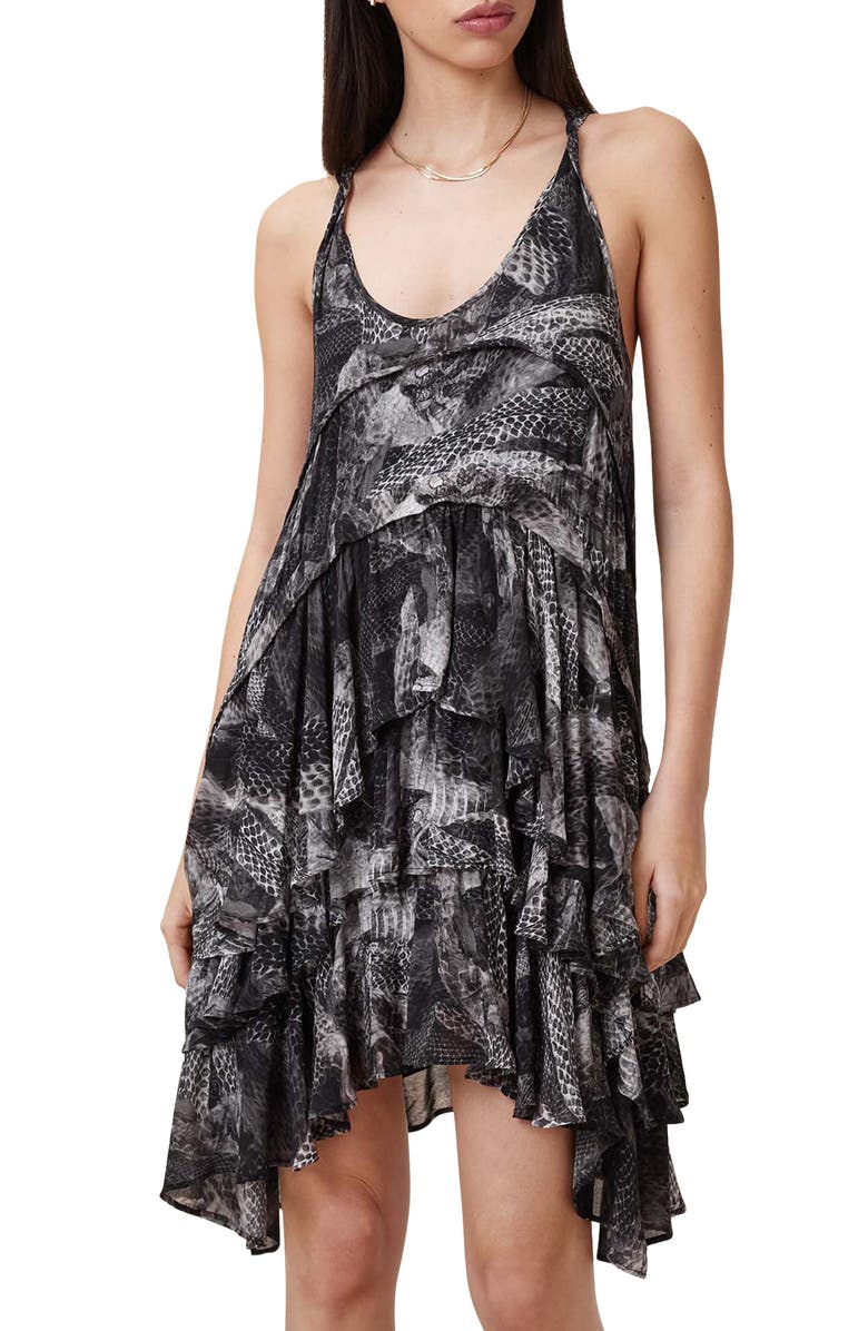 AllSaints Cavarly Snakeskin Print Tiered Asymmetric Hem Dress, Alternate, color,