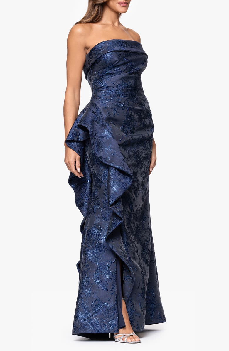Xscape Evenings Strapless Ruffle Brocade Gown, Alternate, color, Navy