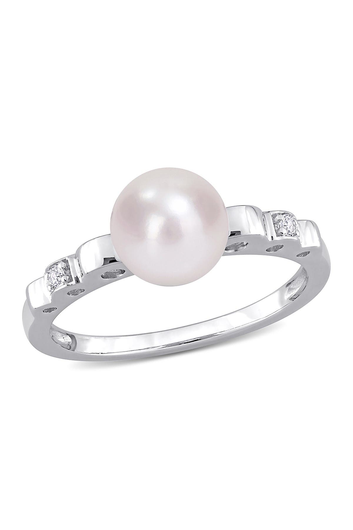 DELMAR Sterling Silver 7.5mm Cultured Freshwater Pearl & Sapphire Ring