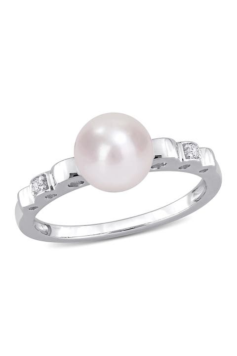 Sterling Silver 7.5mm Cultured Freshwater Pearl & Sapphire Ring