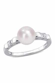 DELMAR Sterling Silver 7.5mm Cultured Freshwater Pearl & Sapphire Ring
