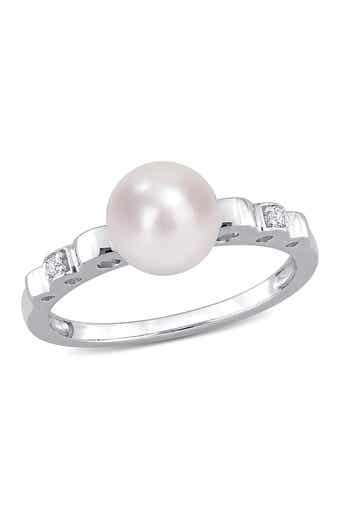 DELMAR Sterling Silver 7.5mm Cultured Freshwater Pearl & Sapphire Ring