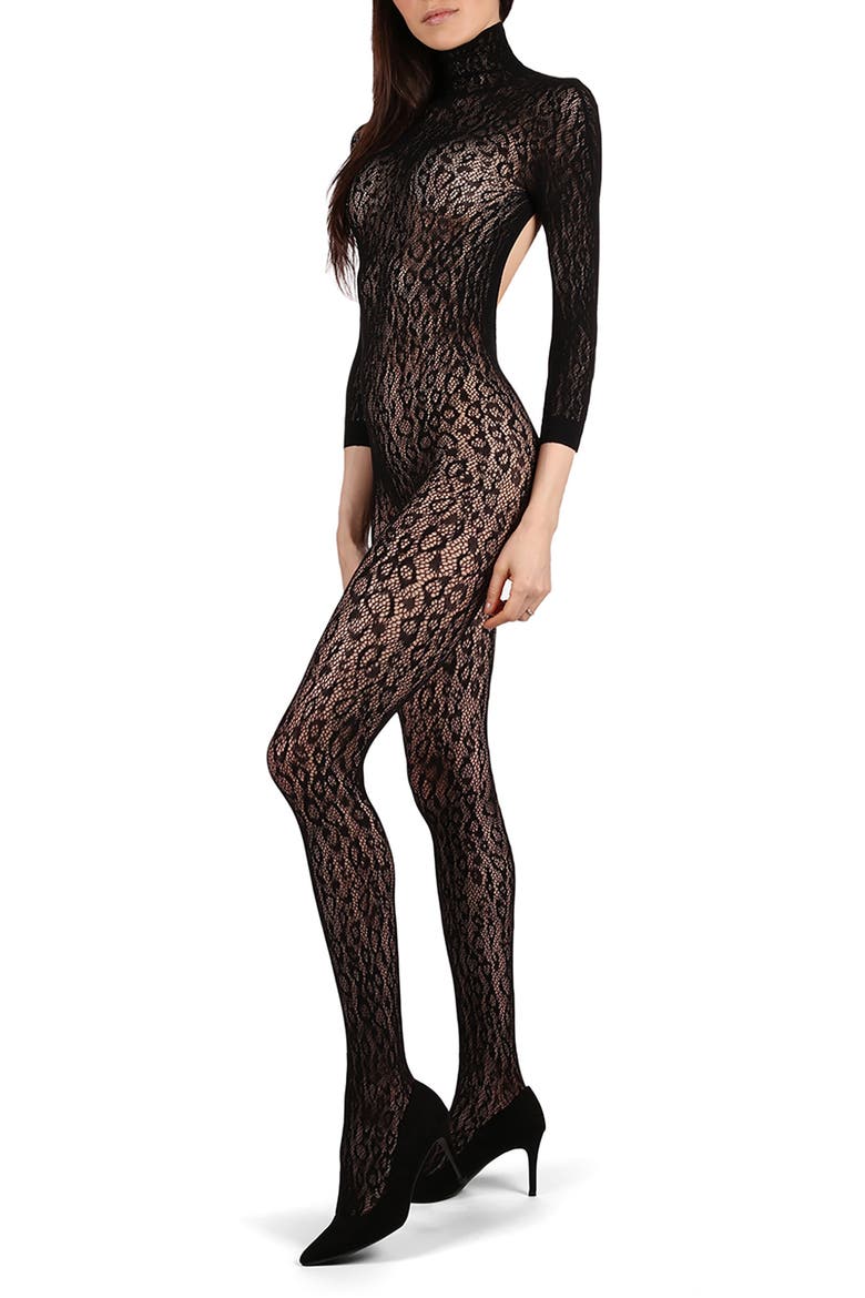 Wild Leopard Seamless Sheer Bodysuit, Alternate, color, BLACK