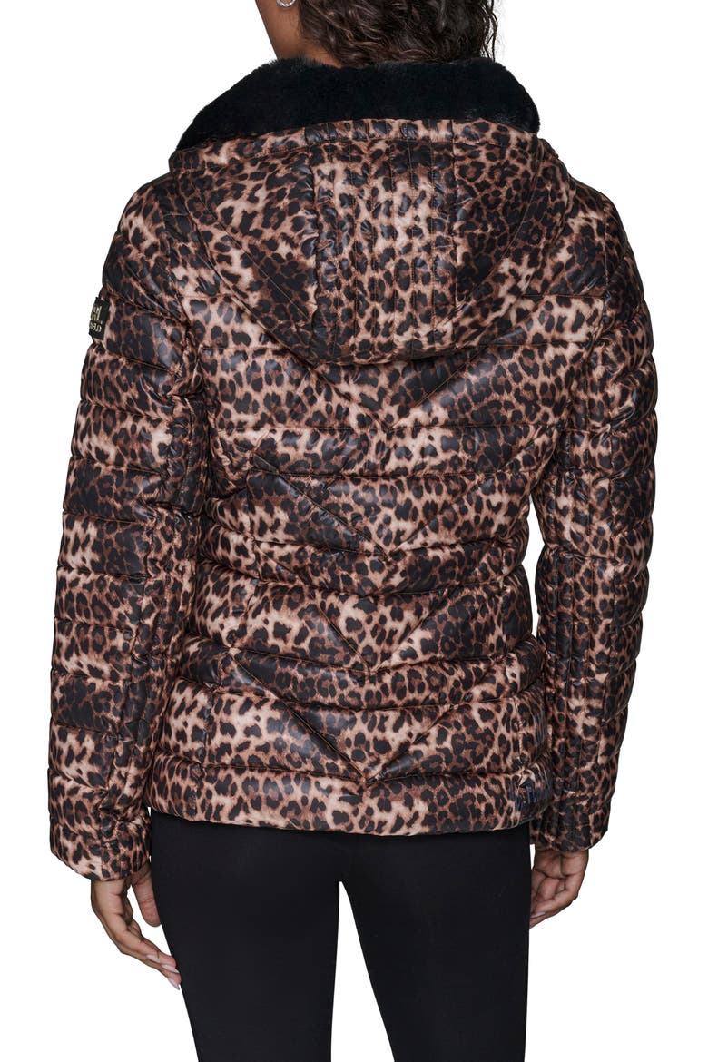 Logo Tape Faux Fur Collar Puffer Jacket, Alternate, color, LEOPARD