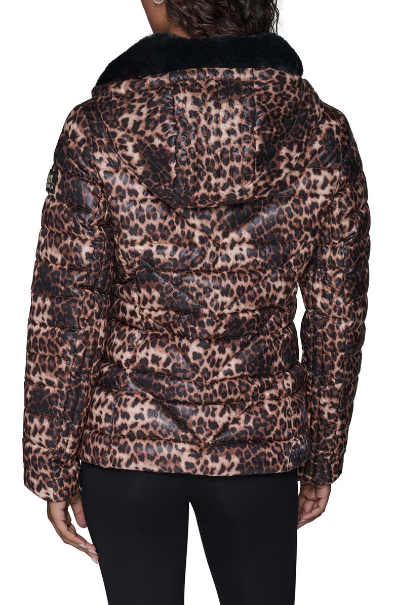 KARL LAGERFELD PARIS Logo Tape Faux Fur Collar Puffer Jacket, Alternate, color, Leopard