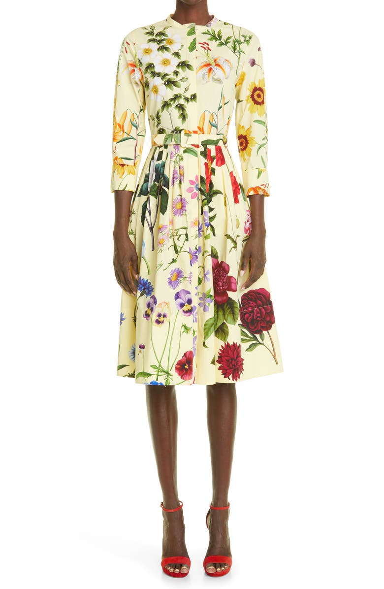 Oscar de la Renta Belted Button Front Three Quarter Sleeve Stretch Cotton Midi Dress, Main, color, 