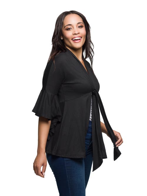 24seven Comfort Apparel Tie Front Bell Sleeve Cardigan In Black