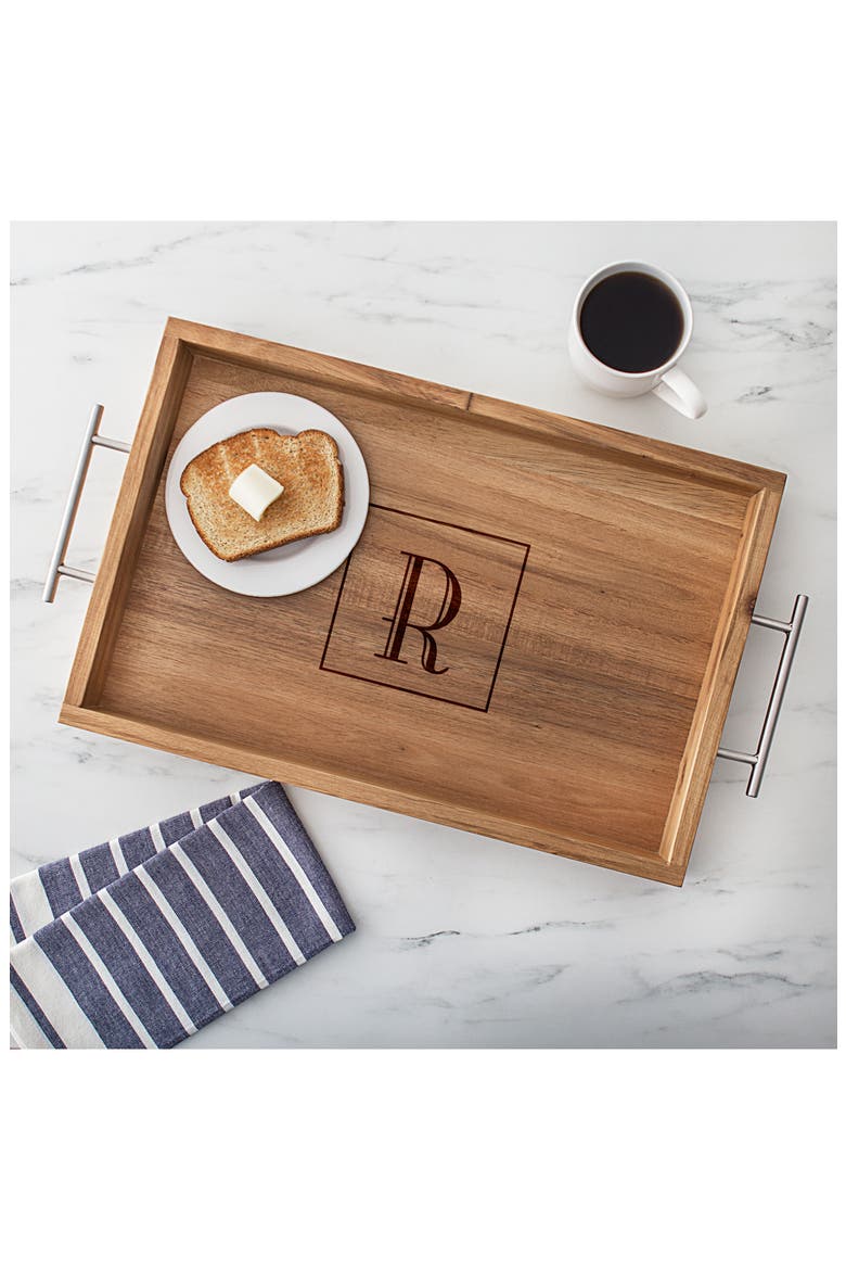 Monogram Acacia Tray with Metal Handles, Alternate, color, P
