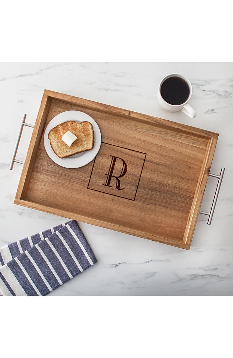 Cathy's Concepts Monogram Acacia Tray with Metal Handles, Alternate, color,