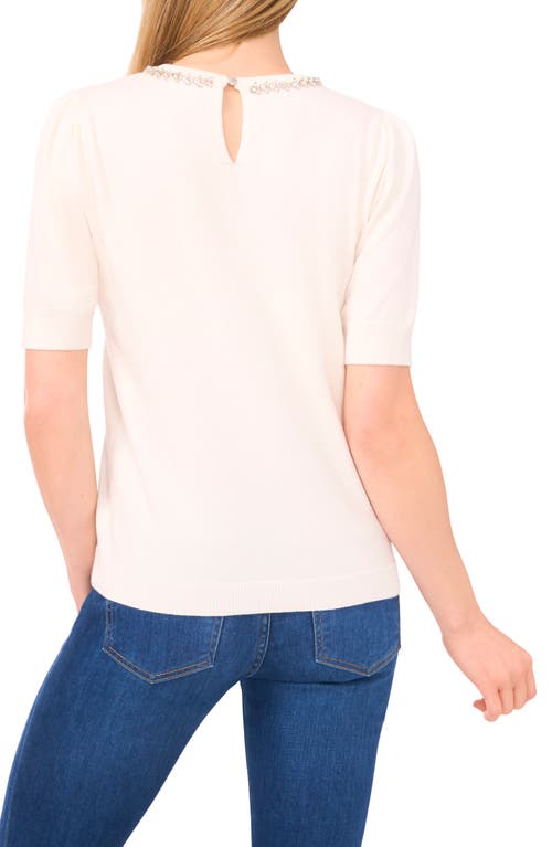 Cece Embellished Collar Short Sleeve Cotton Sweater In Neutral