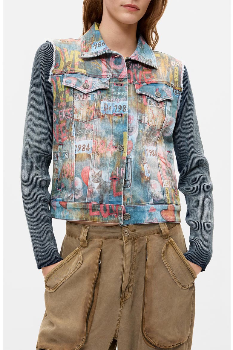 Graffiti Ribbed Sleeve Trucker Jacket, Main, color, LIGHT BLUE