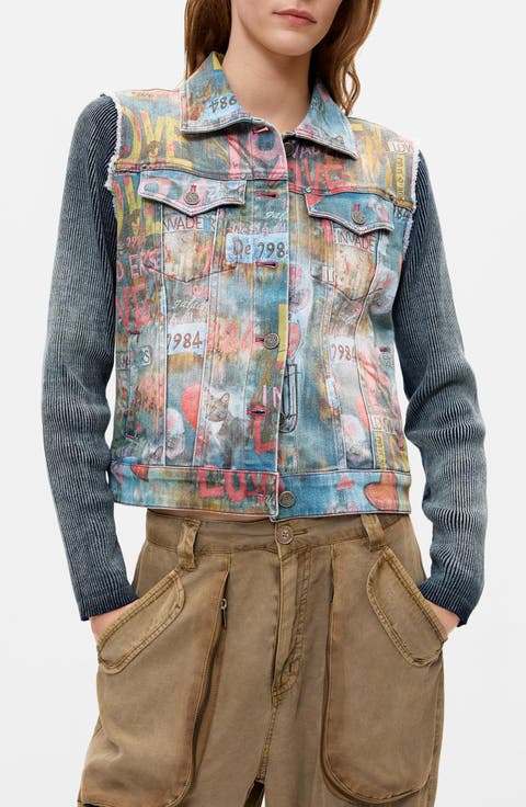 Graffiti Ribbed Sleeve Trucker Jacket